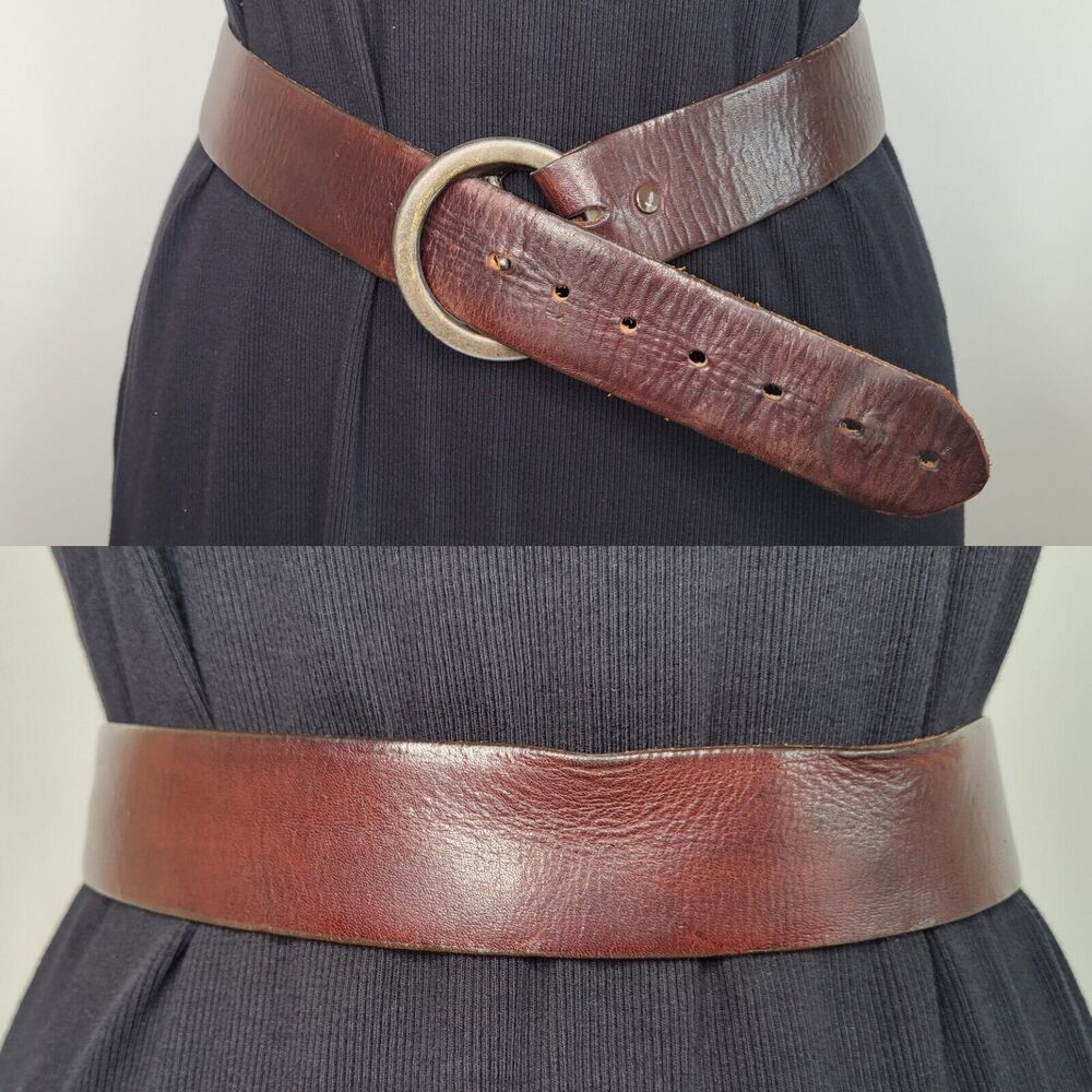 Vtg HICKOK Smooth Brown Leather Belt Sz 31 1.5" x 31" Hammered Brass Buckle 70s